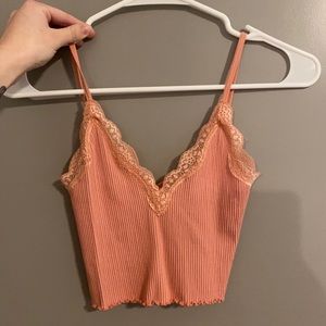 salmon lace trim crop top